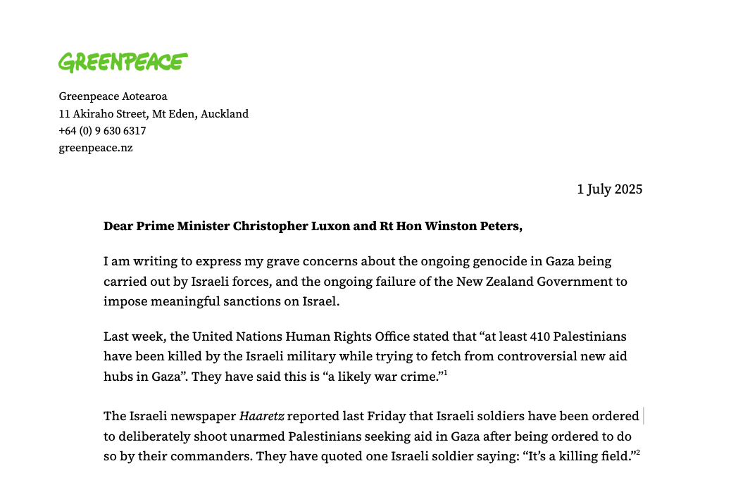 Letter to Prime Minister Luxon urging sanctions on Israel over Gaza ...