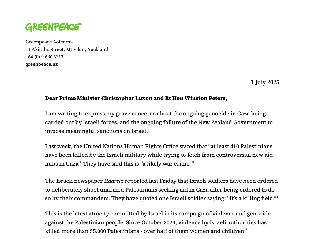 Letter to Prime Minister Luxon urging sanctions on Israel over Gaza genocide