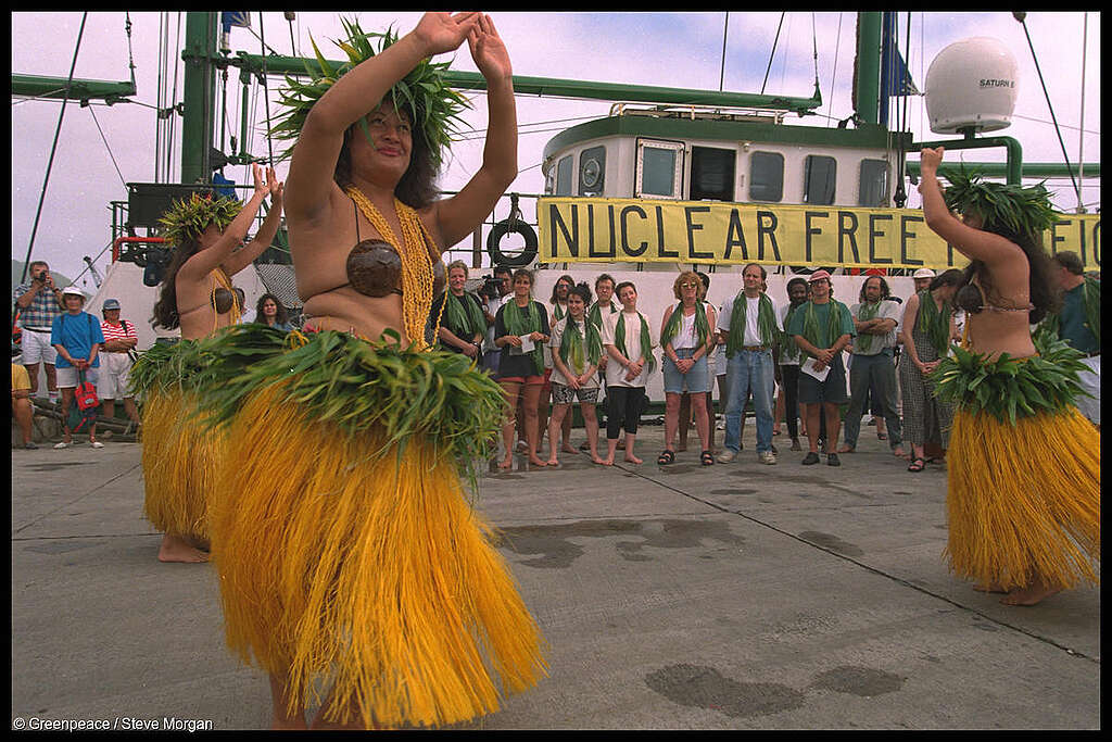 Cook Islanders greet SV Rainbow Warrior II and her crew on their arrival in Avarua, Rarotonga, the capital of the Cook Islands.