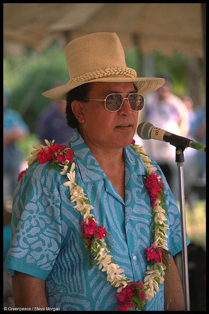 Prime Minister of the Cook Islands, Sir Geoffrey Henry, addresses more than 1,500 people, nearly 20% of Rarotonga's 8,000 population, during a march protesting against French nuclear testing from SV Rainbow Warrior II to the centre of the capital, Avarua. Prime Minister of the Cook Islands, Sir Geoffrey Henry, addresses more than 1,500 people, nearly 20% of Rarotonga's 8,000 population, during a march protesting against French nuclear testing from SV Rainbow Warrior II to the centre of the capital, Avarua.