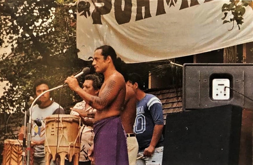 Henri Hiro, President of the ecology group Ia Ora Te Natura speaking in opposition to French nuclear testing at the Puhi Hau (Breath of Peace) concert in Pape'ete in 1982 (Photo by Bengt Danielsson).