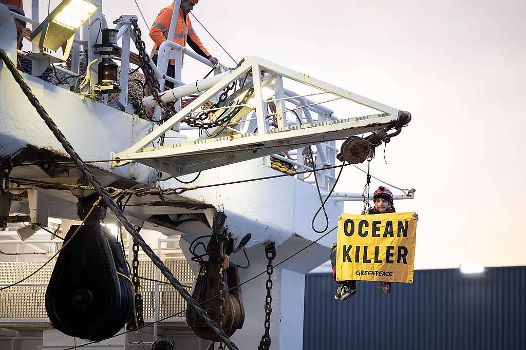 An activist on end of ship's winch holds a sign saying OCEAN KILLER An activist on end of ship's winch holds a sign saying OCEAN KILLER