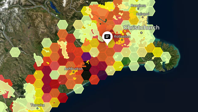Yellow, orange and red pixels over a map of Canterbury NZ