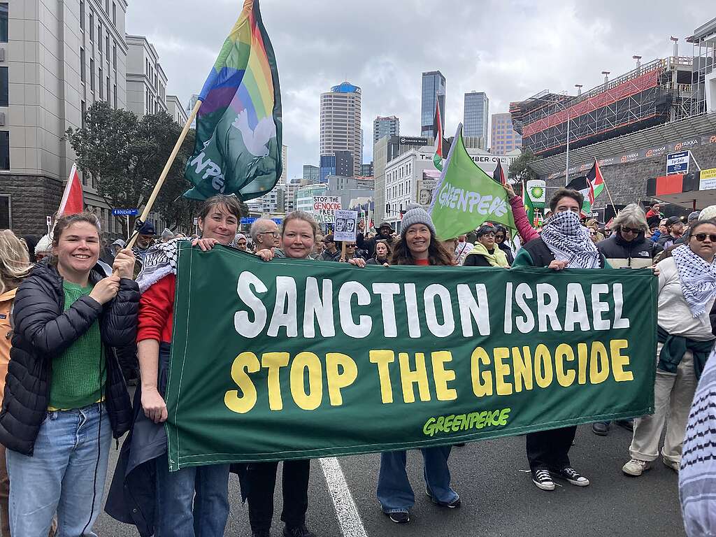 Protestors hold up a banner reading Sanction Israel Stop the Genocide