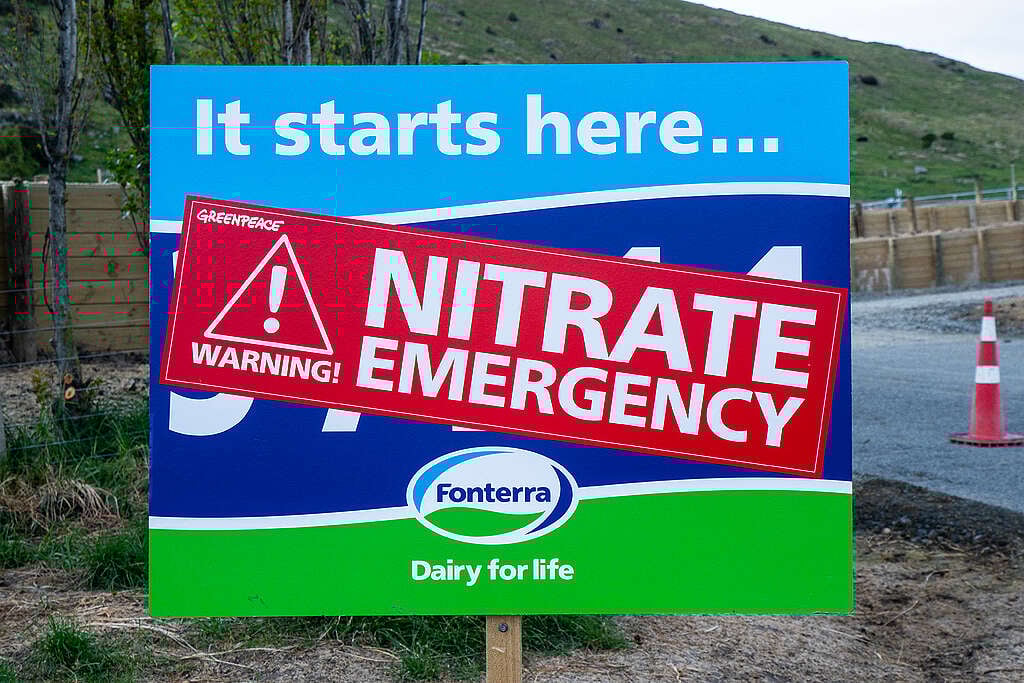  Giant replica of a Fonterra farm sign reading "Warning! Nitrate Emergency” outside Canterbury’s first complete dairy conversion this year.