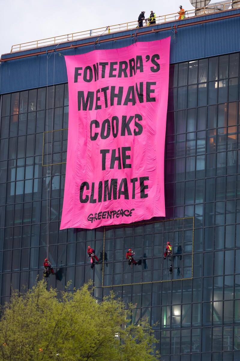 Methane Cooks the Climate - Action at Fonterra in Te Rapa, New Zealand. © Bryce Groves / Greenpeace