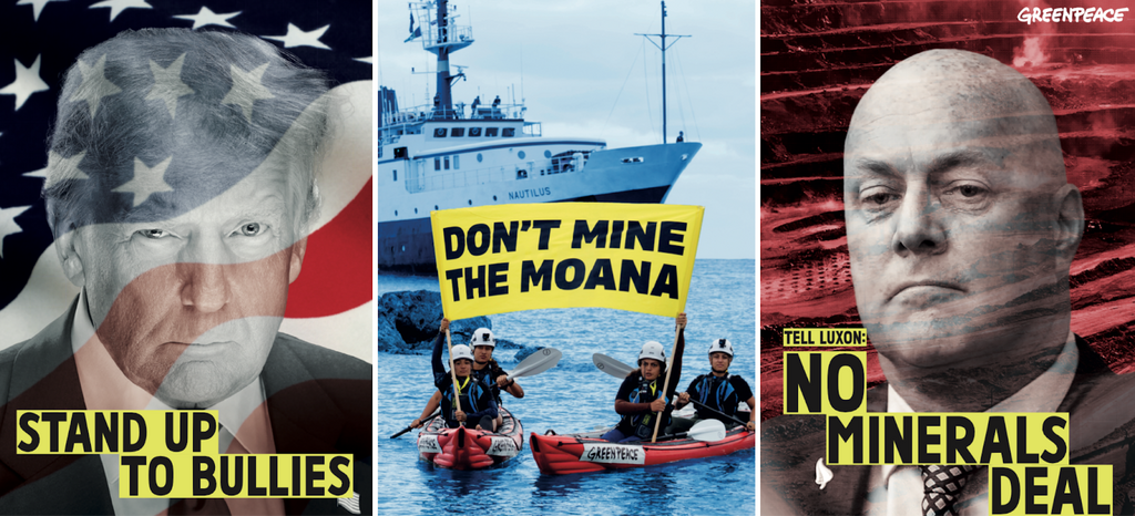 Three panel image. First, an image of Trump with a caption 'stand up to bullies; second kayakkers holding a banner saying don't mine the moana'; third a serious PM Luxon, with caption 'Tell Luxon: no minerals deal'