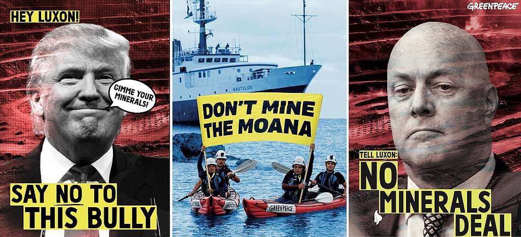 Three panel image. First, an image of Trump with speech bubble: Gimme your minerals!' and a caption 'Hey Luxon, say no to this bully'; second kayakers holding a banner saying 'don't mine the moana'; third a serious PM Luxon, with caption 'Tell Luxon: no minerals deal'