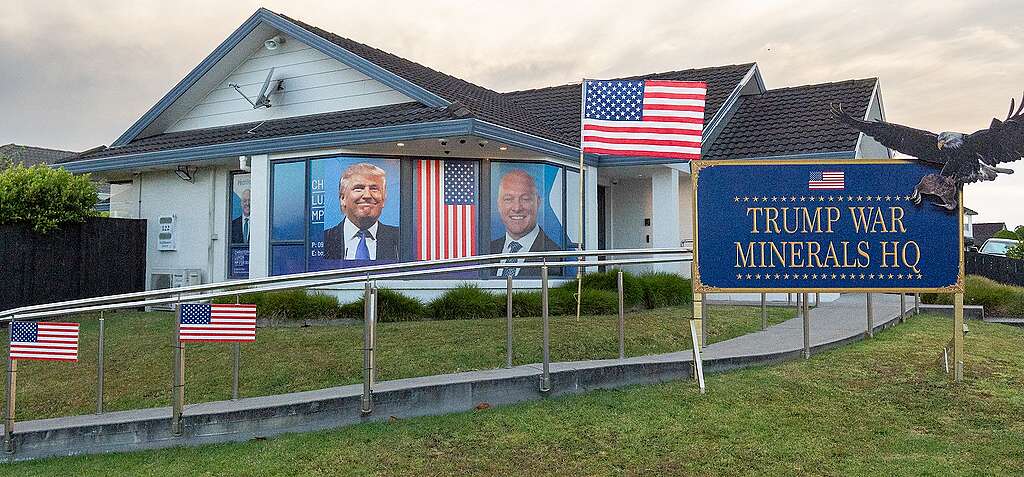 PM Luxon's electorate office rebranded with US flags, Trump's face and a sign saying 'Trump war minerals HQ'