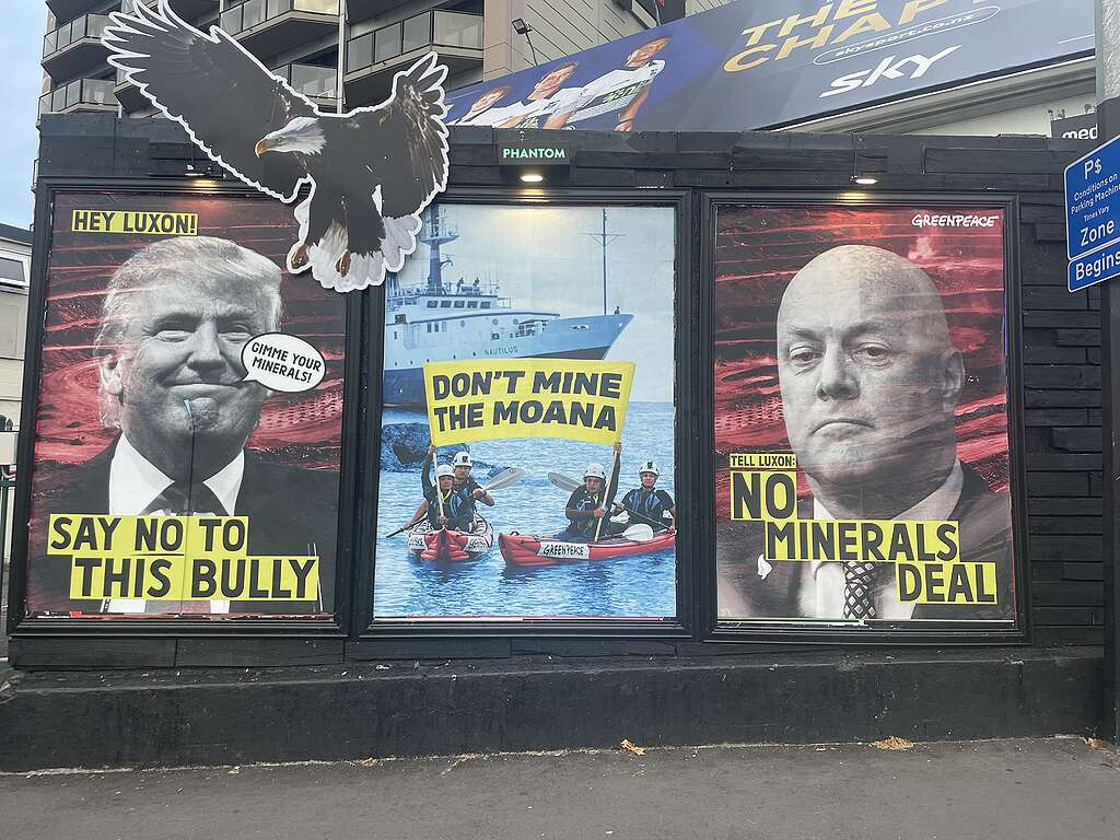 Three panel street posters. First, an image of Trump with speech bubble: Gimme your minerals!' and a caption 'Hey Luxon, say no to this bully'; second kayakers holding a banner saying 'don't mine the moana'; third a serious PM Luxon, with caption 'Tell Luxon: no minerals deal' Three panel street posters. First, an image of Trump with speech bubble: Gimme your minerals!' and a caption 'Hey Luxon, say no to this bully'; second kayakers holding a banner saying 'don't mine the moana'; third a serious PM Luxon, with caption 'Tell Luxon: no minerals deal'