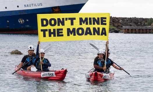 Two kayakers hold a yellow banner: don't mine the moana
