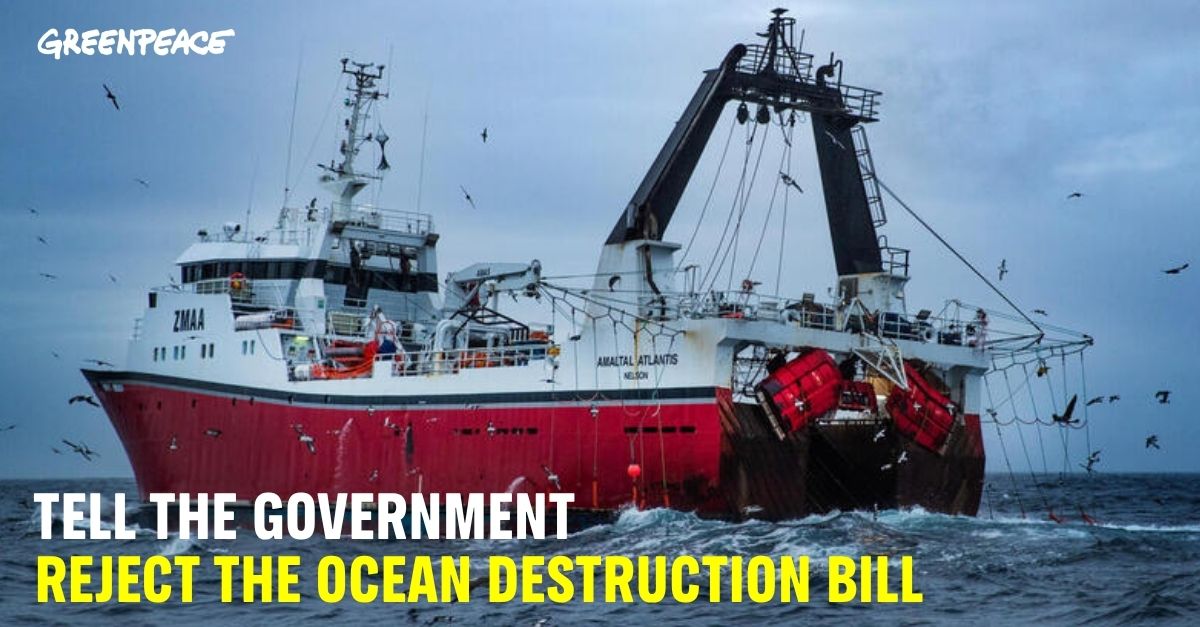 A bottom trawler at sea with text over the top reading: Tell the government reject the ocean destruction bill
