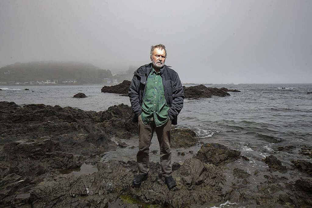 File An older man with a serious look facing the camera against a wet and misty Wellington seashore background