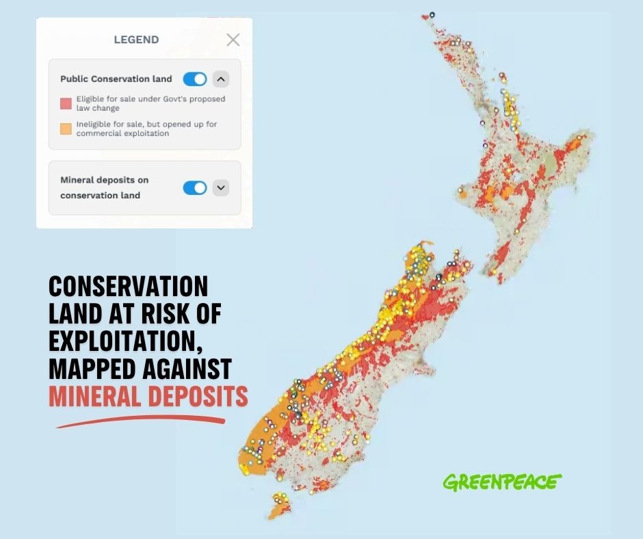A map of New Zealand with red coloured areas and different colour dots. Title: Conservation land at risk of exploitation, mapped against mineral deposits