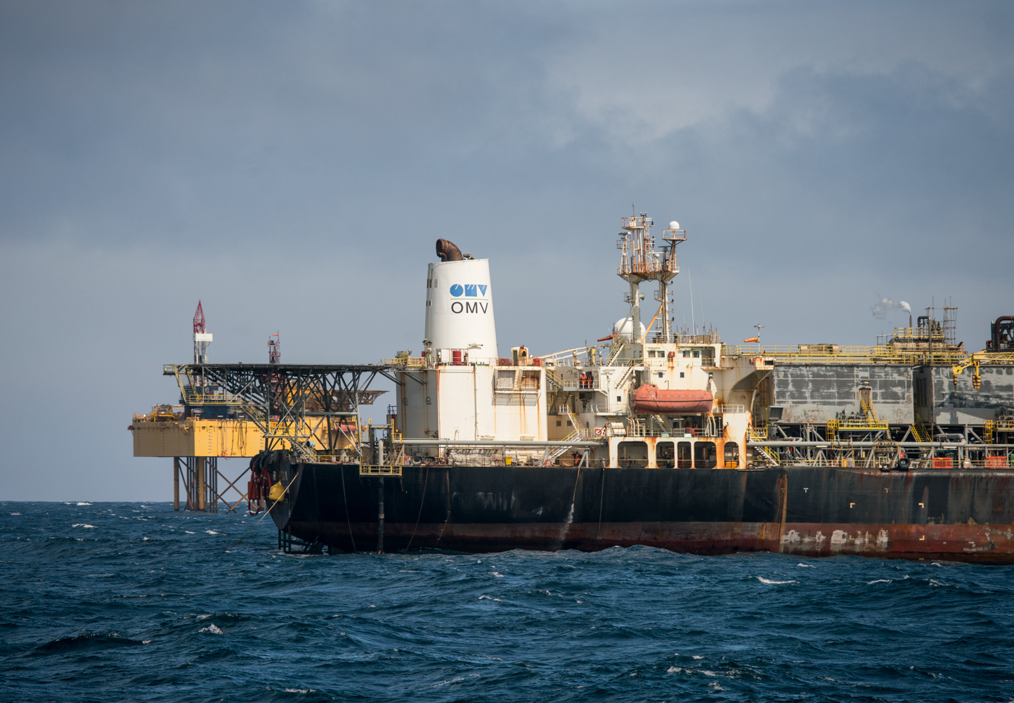 Detail of OMV-owned oil storage and processing vessel taken from the Greenpeace ship Rainbow Warrior in 2018