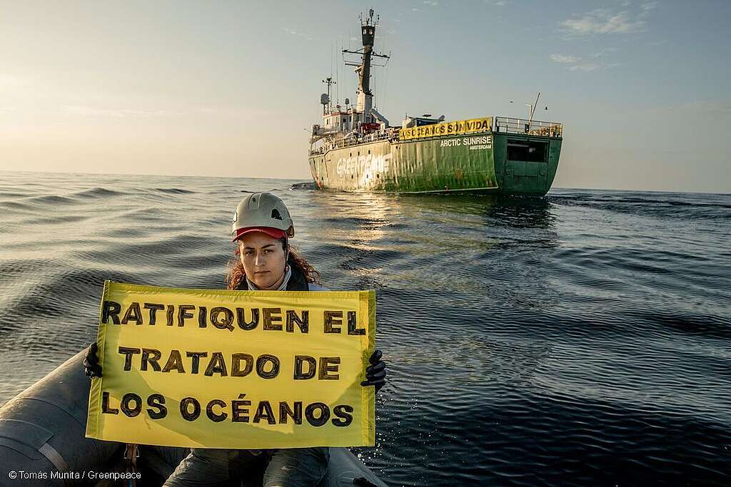 Un miembro de la tripulación sostiene una pancarta con la leyenda «Ratifiquen el Tratado de los Océanos» desde una lancha neumática neumática en el océano Pacífico. Al fondo se ve el barco Arctic Sunrise de Greenpeace con una pancarta que dice: «Los océanos son vida».