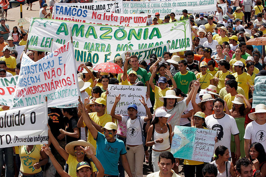 Pessoas seguram cartazes em protesto contra a soja.