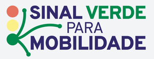 Um semáforo nas cores vermelho, amarelo e verde. A cor verde criar pontos de conexão dando a entender que saem caminhos do sinal verde. Na imagem aparece escrito Sinal Verde para Mobilidade.