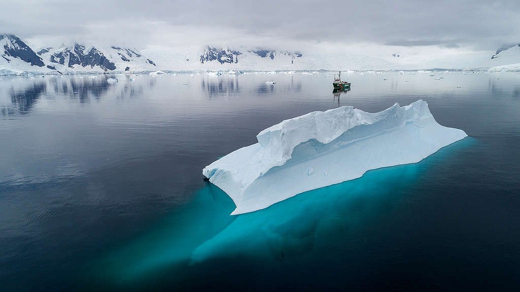 Navio Arctic Sunrise navega na baía de Charlotte, na Antártida