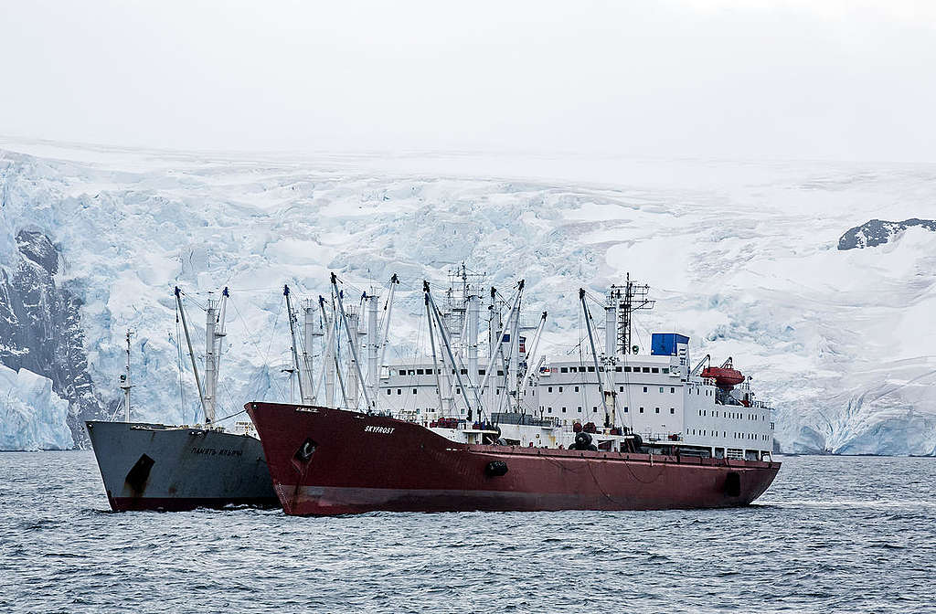 Navio pesqueiro de krill, registrado na Antártida em março de 2018 durante uma expedição do Greenpeace à região.