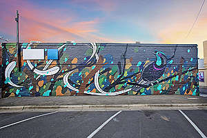 Mural com ave colorida com pôr-do-sol ao fundo, na Austrália.