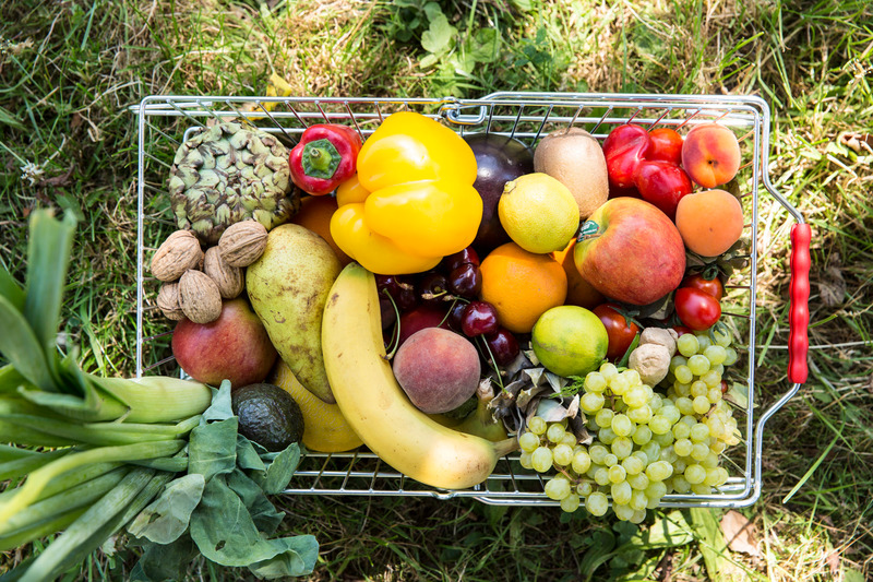 Cesta de frutas e legumes polinizadas por abelhas
