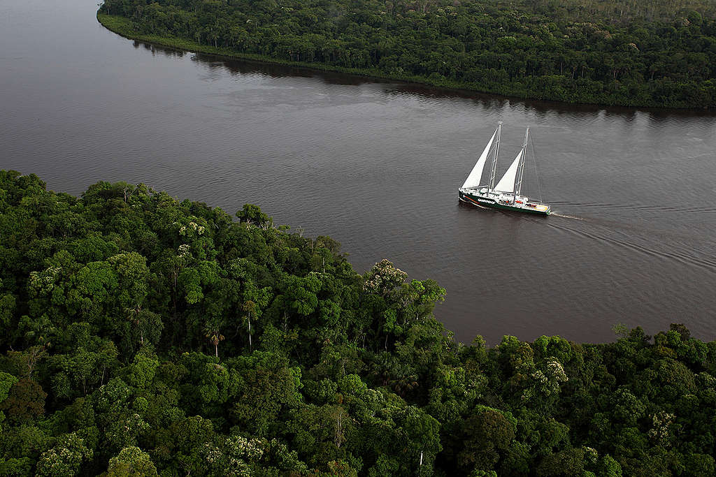 O navio Rainbow Warrior navega pelo Rio Amazonas pela primeira vez no Brasil, em março de 2012