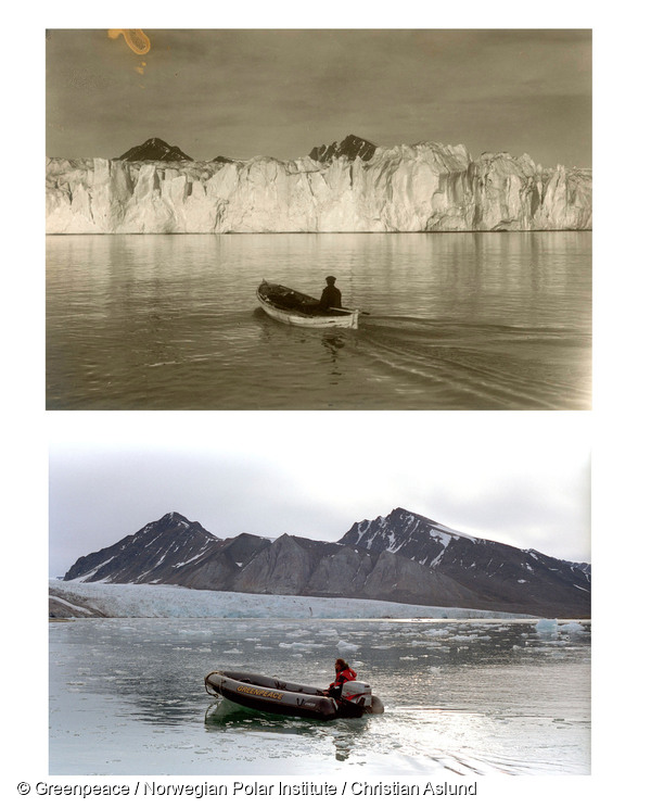 Derretimento das geleiras de Svalbard, na Noruega entre 1918 (acima) e 2002 (abaixo).