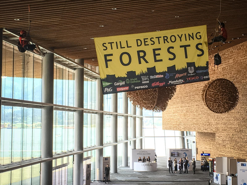 Banner do Greenpeace lembra às empresas que elas continuam desmatando florestas por causa da ganância
