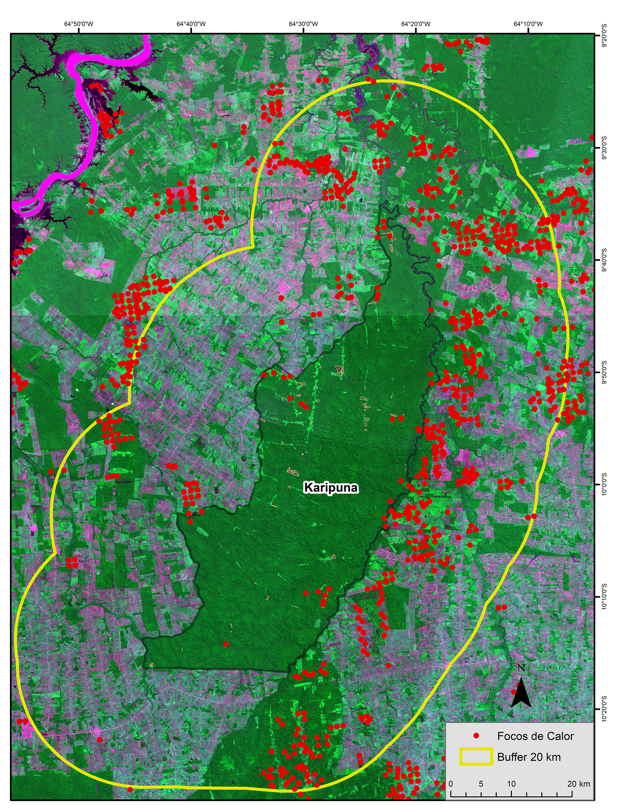 Comparativo de focos de calor na região próxima à Terra Indígena Karipuna.