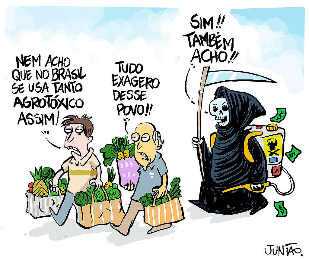 charge de Junião mostrando a morte associada à quantidade de agrotóxicos que consumimos charge de Junião mostrando a morte associada à quantidade de agrotóxicos que consumimos