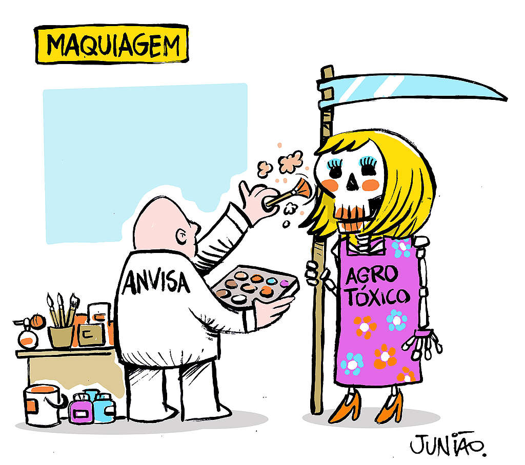 charge que mostra a Anvisa maquiando uma caveira simbolizando agrotóxicos