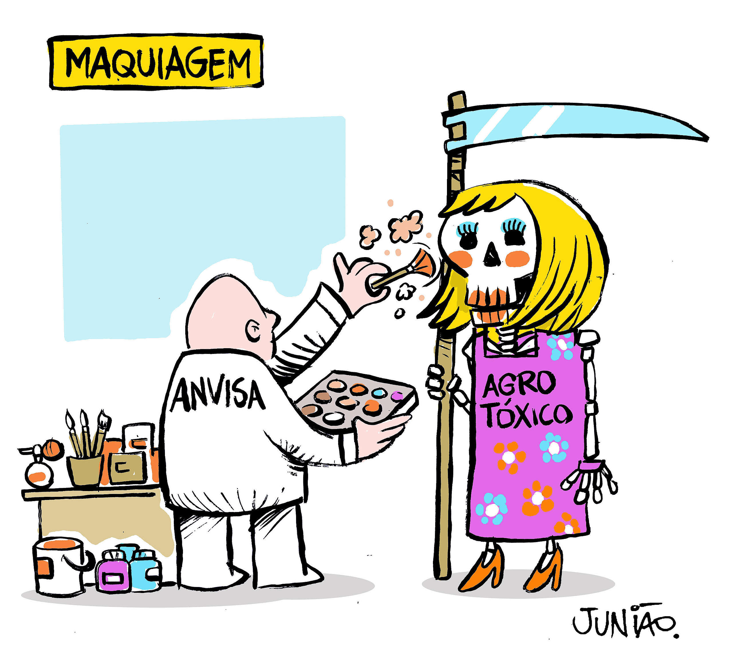 charge que mostra a Anvisa maquiando uma caveira simbolizando agrotóxicos
