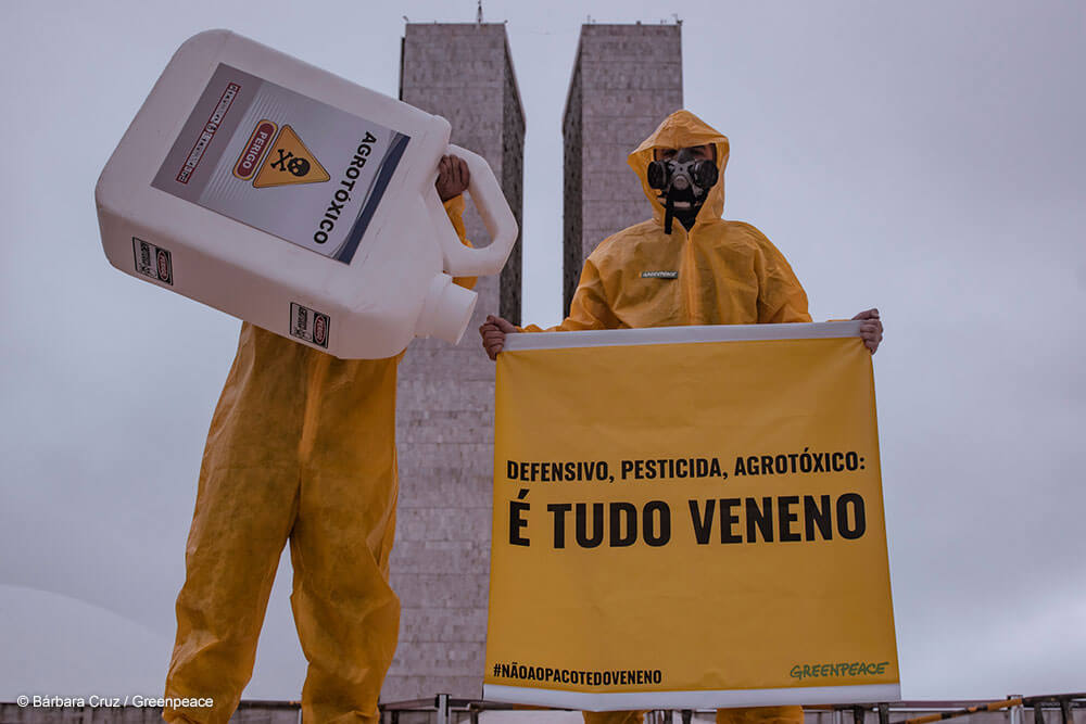 Imagem de dois ativistas do Greenpeace no Congresso Nacional vestidos com macacões amarelos, simulando roupas de proteção, segurando um banner denunciando a ameaça do Pacote do Veneno