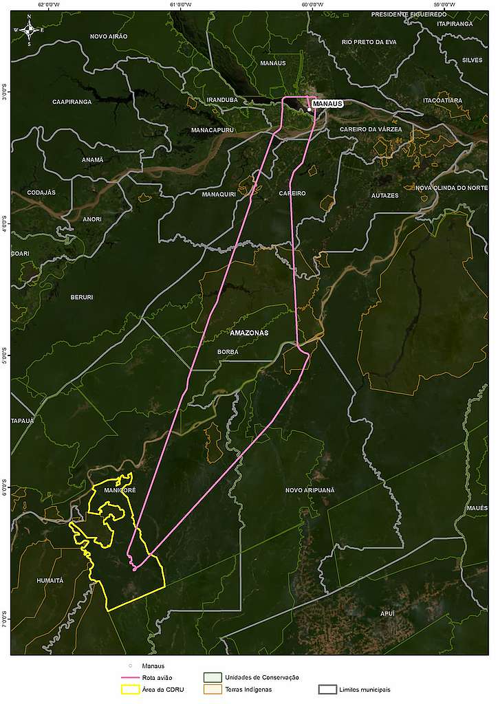 Mapa completo da área sobrevoada pelos artistas e influenciadores no sudeste do Amazonas.