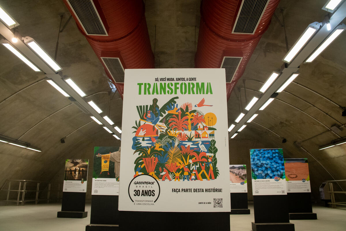 Foto em primeiro plano mostrando seis banners situados a diferentes distâncias numa plataforma do metrô. Cada banner possui uma foto diferente de um momento histórico do Greenpeace.