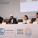Pictured (rtl) Ahmed El Droubi, Campaigns Manager for Greenpeace MENA,Tasneem Essop, Executive Director of CAN-International, Mohamed Adow, Founder and Director of PowerShift Africa. Climate Action Network hosts the opening press briefing setting out the expectations for COP27 and unpacking key elements that will be critical for a successful outcome from COP27, on Loss and Damage finance, climate finance, adaptation finance and the mitigation work programme.