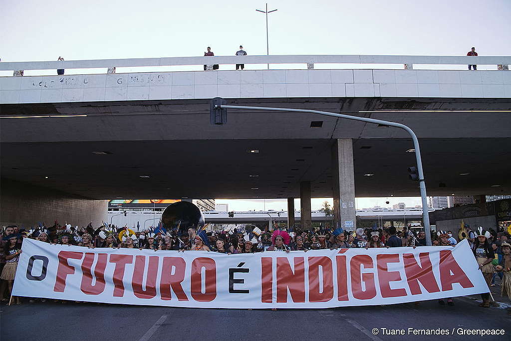 Em um plano aberto, debaixo de um ponte, diversas pessoas, em maioria indígena, protestam com uma faixa escrita “O futuro é indígena”.
