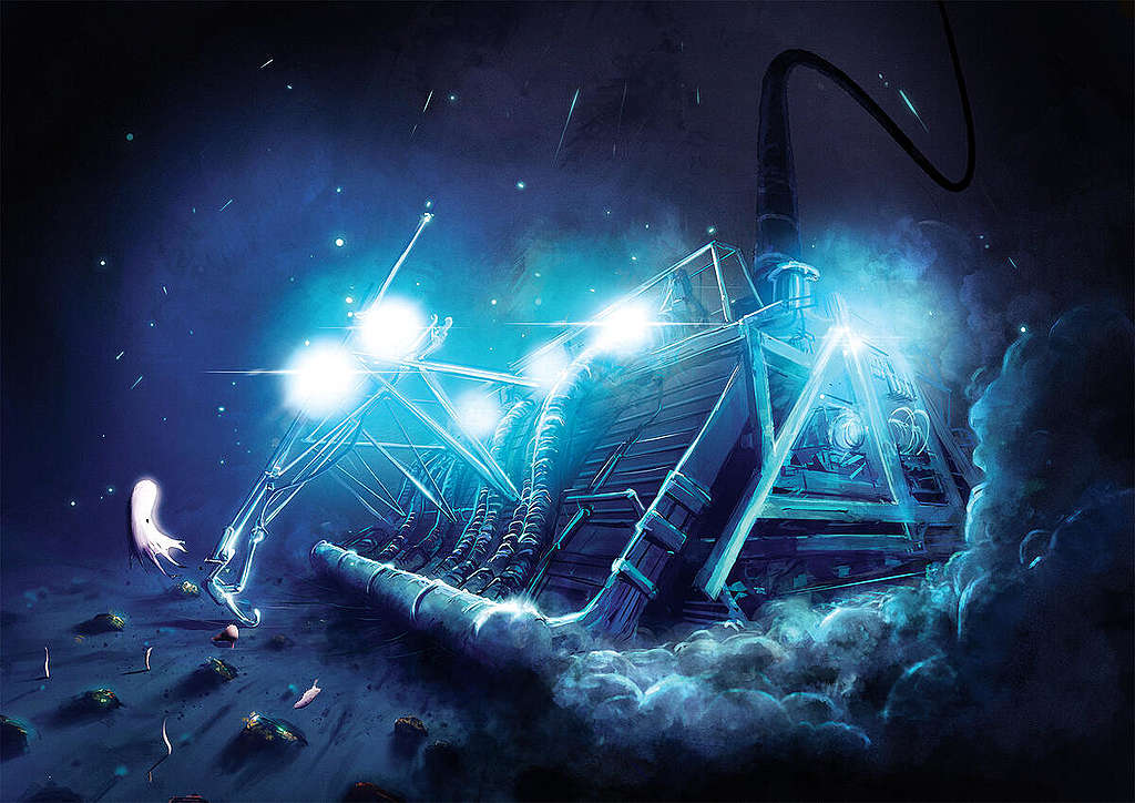 Ilustração de uma grande maquina no fundo oceano em tom azul, com destaque luzes que saem do maquinário