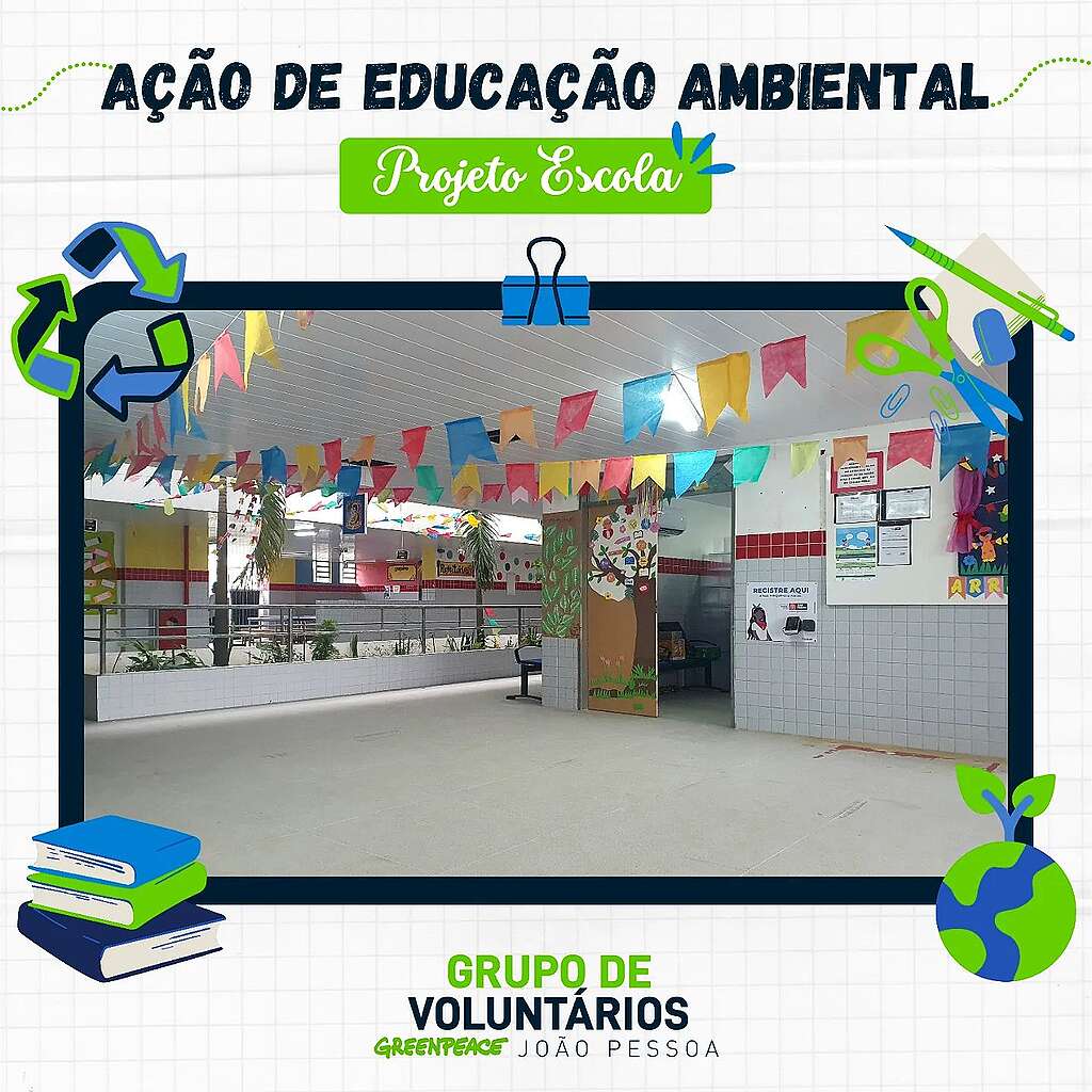 Arte com foto do pátio da escola decorado para festa junina.