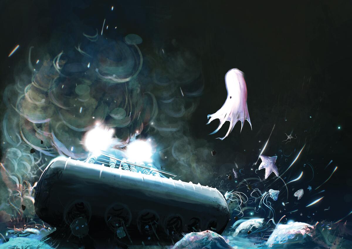 Ilustração de uma máquina da indústria de mineração em águas profundas; O desenho tem predominância das cor preta e brancas, que simulam luzes;