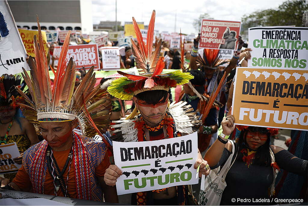 Em uma imagem aberta, povos indígenas se mobilizam em um protesto com diversos cartazes, dentre eles, um em foco diz “Demarcação é futuro”.