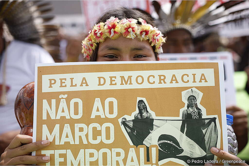 Na imagem, em um plano fechado, uma mulher indígena com uma coroa de flores na cabeça, segura em suas mãos um cartão que diz "Pela democracia: Não ao Marco Temporal!"