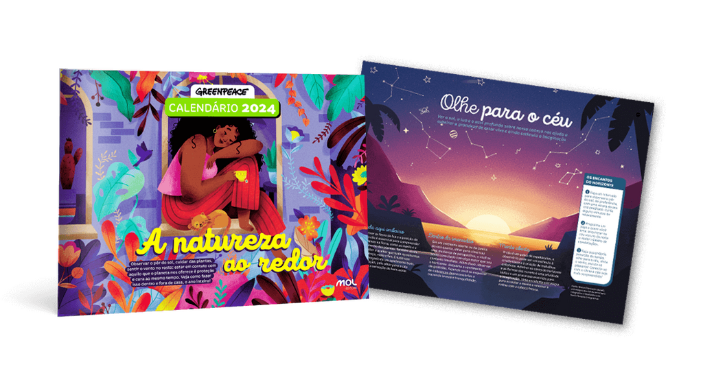 Imagem ilustrativa do calendário, com ilustrações coloridas e elementos relacionados à natureza, como folhas, plantas e o céu. Imagem ilustrativa do calendário, com ilustrações coloridas e elementos relacionados à natureza, como folhas, plantas e o céu.
