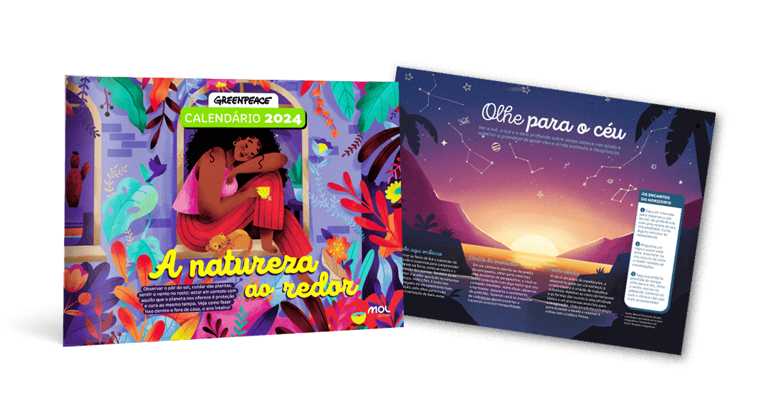 Imagem ilustrativa do calendário, com ilustrações coloridas e elementos relacionados à natureza, como folhas, plantas e o céu.