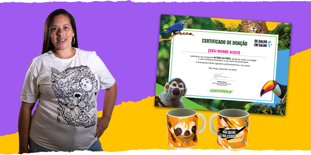 Foto de uma mulher utilizando a camiseta da campanha acompanhada da imagem de uma caneca e certificado de doação