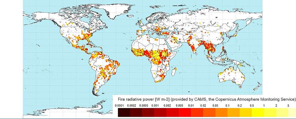 Focos de calor ativos no mundo no dia dia 7 de fevereiro de 2024, segundo o serviço Monitor Global do Fogo, do Copernicus.