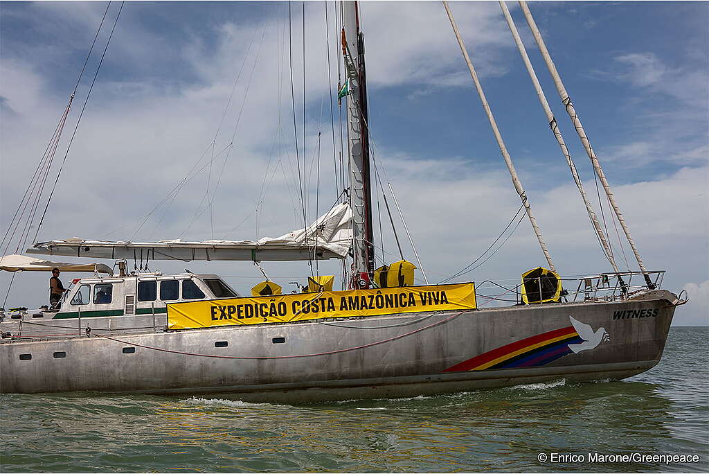 Fotografia do veleiro Witness, do Greenpeace, navegando pela costa amazônica brasileira. No veleiro há um banner esticado com os dizeres "expedição costa amazônica viva".