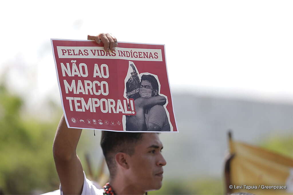 Homem indígena com semblante sério segurando um papel escrito "Pelas vidas indígenas: Não ao Marco Temporal!’’. Ele estava localizado em Brasília, em alguma intervenção durante o Acampamento Terra Livre.