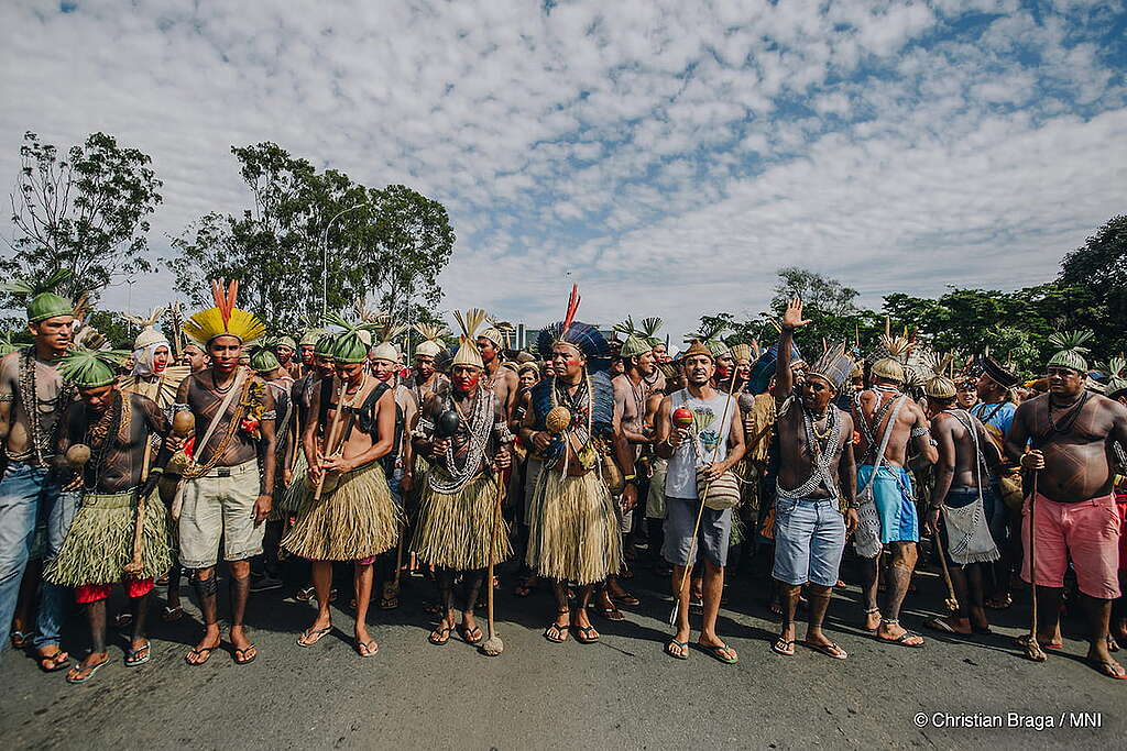 Mais de 3.000 indígenas que participam do 15º Acampamento Terra Livre saíram em marcha pela Esplanada dos Ministérios e deixaram um rastro de "sangue" em Brasília. O ato, realizado por mais de 100 povos indígenas, leva uma mensagem ao Congresso Nacional: "Chega de genocídio indígena - Demarcação Já!".